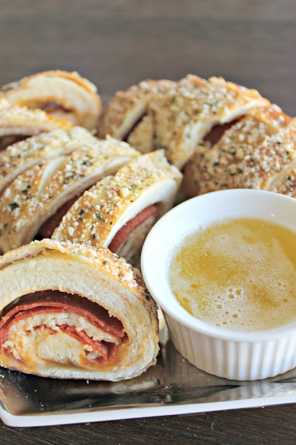 Better Bakery Cheese & Pepperoni Pizza Melts with a Garlic Butter Dipping Sauce