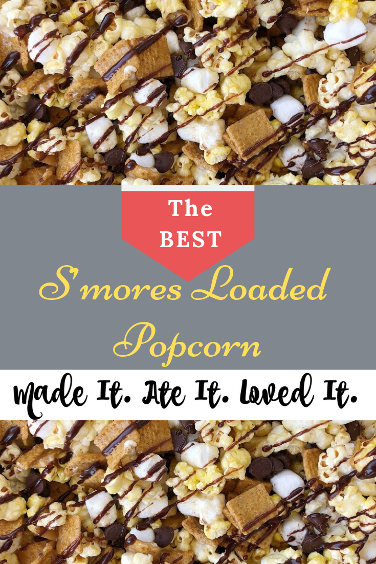 This popcorn is fully loaded! It is a mixture of caramel corn plus grahams, marshmallows and chocolate! It is the perfect combo in my opinion! #popcorn #snacks #treats #smoresrecipe