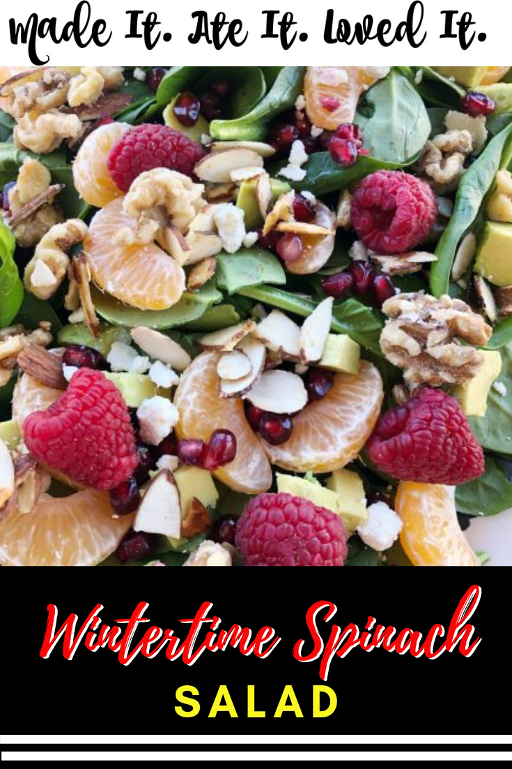 Wintertime Spinach Salad with poppyseed dressing. #madeiteateitlovedit #deliciousrecipes #saladrecipes #easymeals #winterrecipes #healthysalads