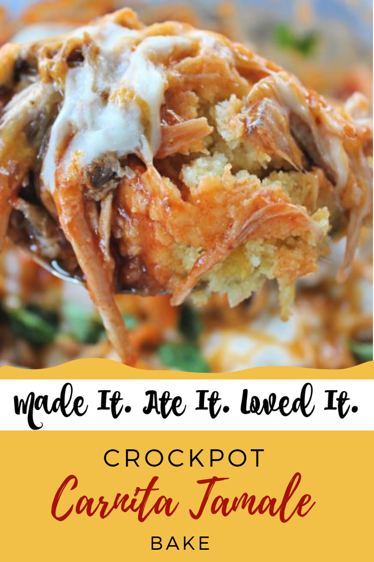 Crockpot Carnita Tamale Bake Here is a recipe for the perfect crockpot pork carnitas #porkrecipes #mexicanfood #madeitateitlovedit #crockpotrecipes #slowcooker