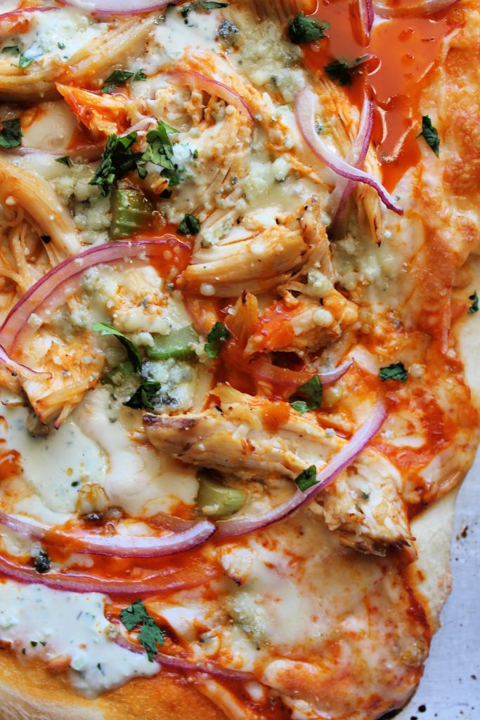 Buffalo Chicken Pizza with red onion